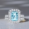 Radiant Cut Aquamarine Halo Engagement Ring Set - Sterling Silver