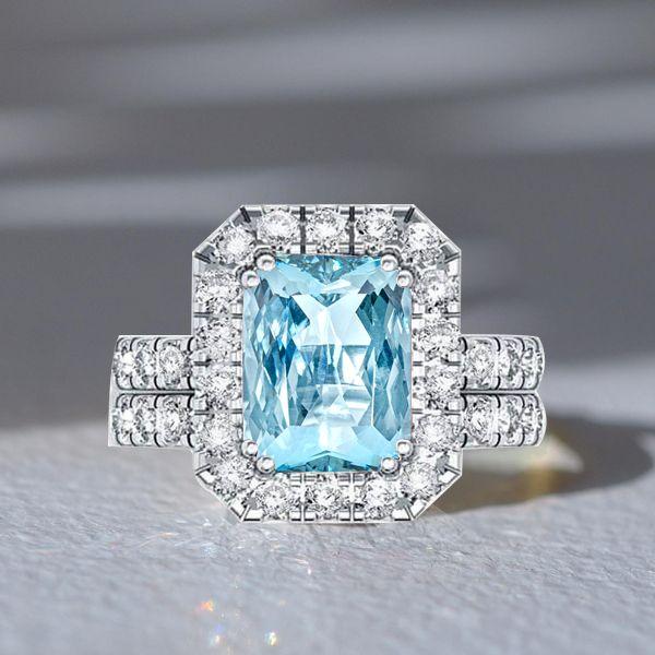Radiant Cut Aquamarine Halo Engagement Ring Set - Sterling Silver