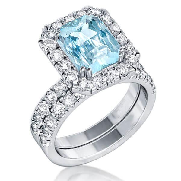 Radiant Cut Aquamarine Halo Engagement Ring Set - Sterling Silver