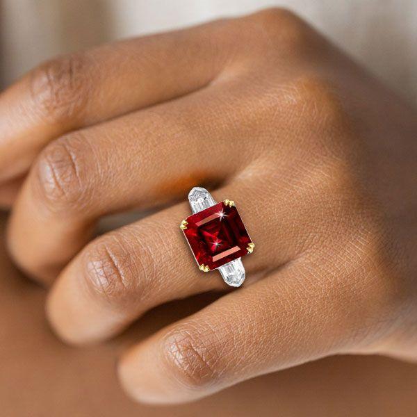 Garnet Asscher Cut Engagement Ring - 925 Sterling Silver, Gold Accents