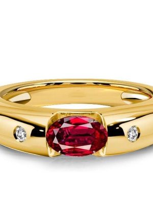 Three Stone Oval Cut Ruby Ring in 18K Gold Plated Sterling Silver