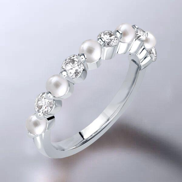 Sterling Silver Pearl Ring - Half Eternity Band for Women