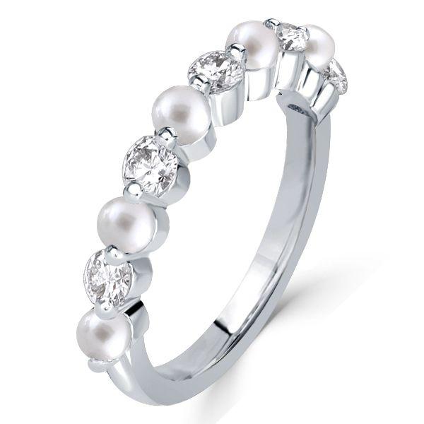 Sterling Silver Pearl Ring - Half Eternity Band for Women
