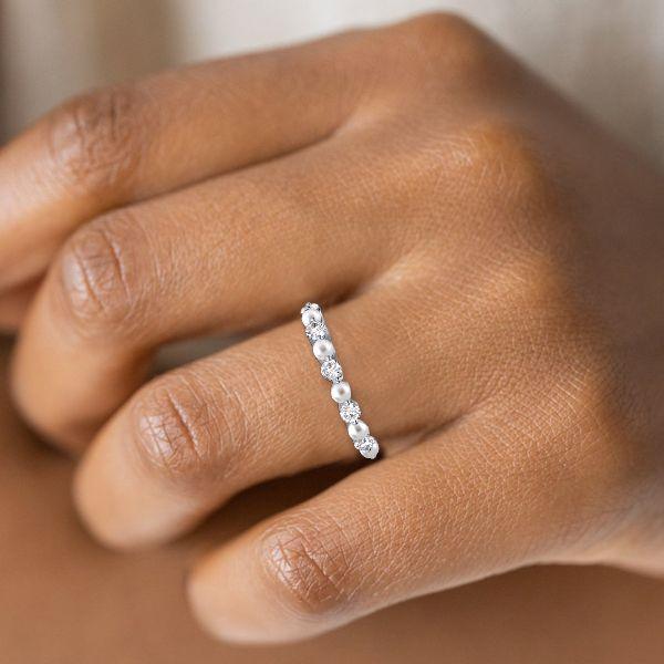 Sterling Silver Pearl Ring - Half Eternity Band for Women
