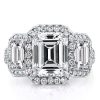 Emerald & White Sapphire Three Stone Halo Engagement Ring - Sterling Silver Wedding Ring