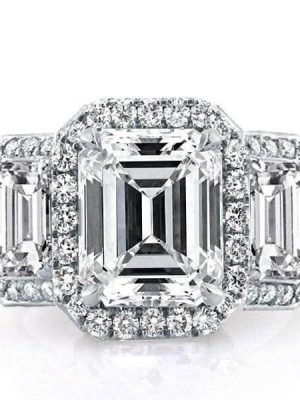 Emerald & White Sapphire Three Stone Halo Engagement Ring - Sterling Silver Wedding Ring