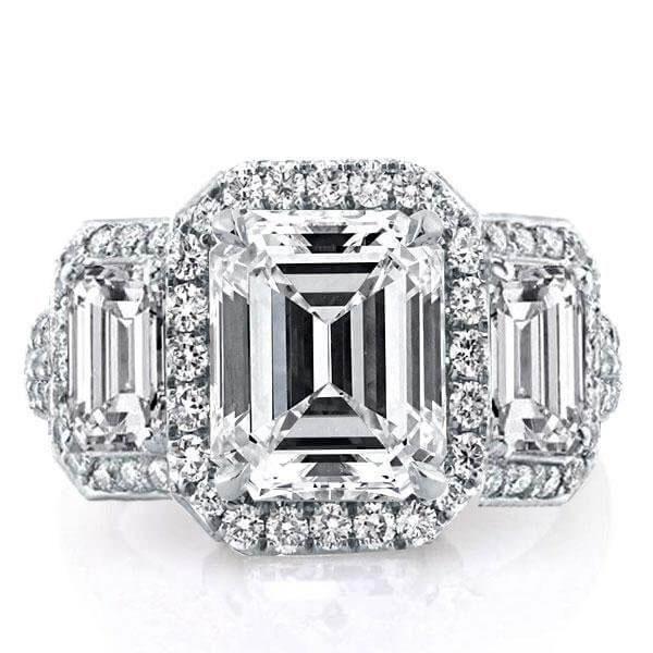 Emerald & White Sapphire Three Stone Halo Engagement Ring - Sterling Silver Wedding Ring