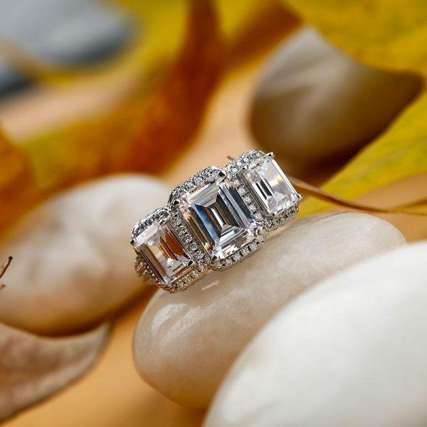 Emerald & White Sapphire Three Stone Halo Engagement Ring - Sterling Silver Wedding Ring