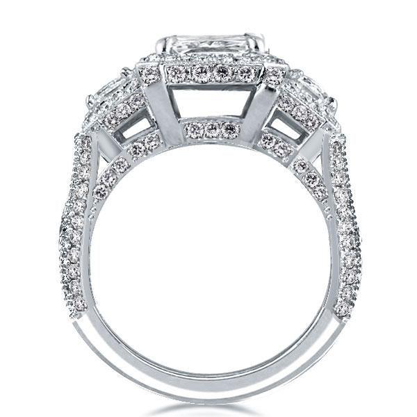 Emerald & White Sapphire Three Stone Halo Engagement Ring - Sterling Silver Wedding Ring