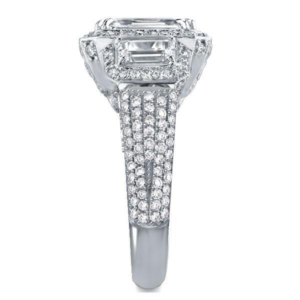 Emerald & White Sapphire Three Stone Halo Engagement Ring - Sterling Silver Wedding Ring