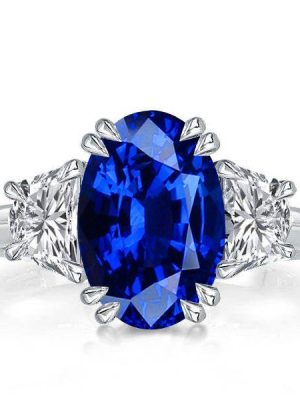 Oval Cut Blue Sapphire Three Stone Engagement Ring - Sterling Silver