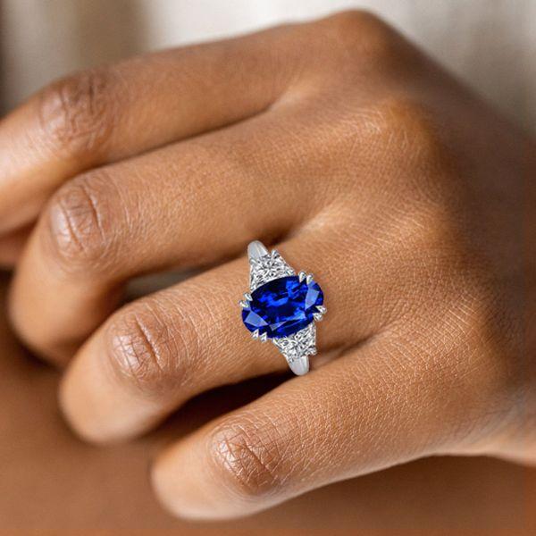 Oval Cut Blue Sapphire Three Stone Engagement Ring - Sterling Silver