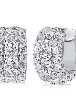 Cushion Cut Triple Row Hoop Earrings in Rhodium Plated Sterling Silver