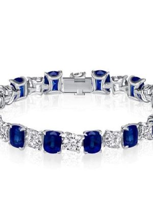 Blue and White Cushion Cut Tennis Bracelet in Sterling Silver for Weddings