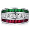 Emerald Green and Ruby Triple Row Wedding Band Ring in 925 Sterling Silver for Women