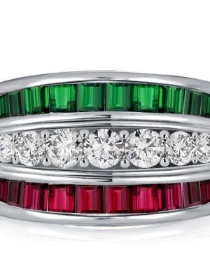 Emerald Green and Ruby Triple Row Wedding Band Ring in 925 Sterling Silver for Women