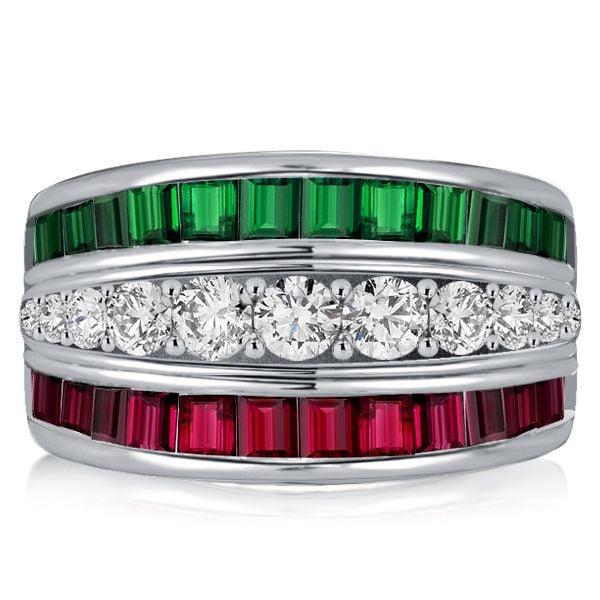 Emerald Green and Ruby Triple Row Wedding Band Ring in 925 Sterling Silver for Women