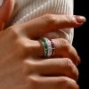 Emerald Green and Ruby Triple Row Wedding Band Ring in 925 Sterling Silver for Women