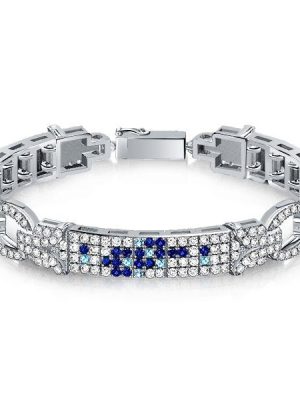 Blue Art Deco Bracelet - 925 Sterling Silver Vintage Style Pave Setting