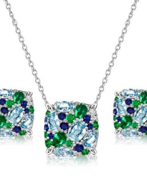 Aquamarine & Multicolor Gemstone Necklace Earrings Set - 925 Sterling Silver