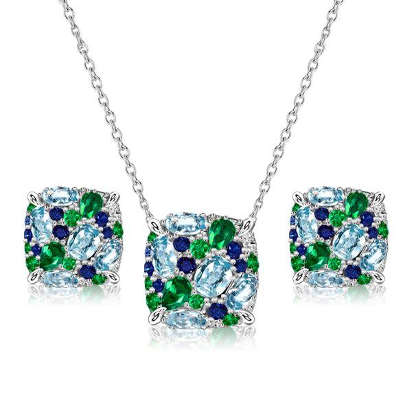 Aquamarine & Multicolor Gemstone Necklace Earrings Set - 925 Sterling Silver
