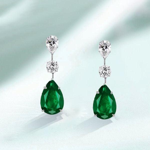 Emerald Green Pear Cut Drop Earrings for Women, 925 Sterling Silver Rhodium Plated