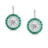 Emerald & White Halo Drop Earrings - Sterling Silver Green Dangle Earrings