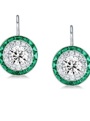 Emerald & White Halo Drop Earrings - Sterling Silver Green Dangle Earrings
