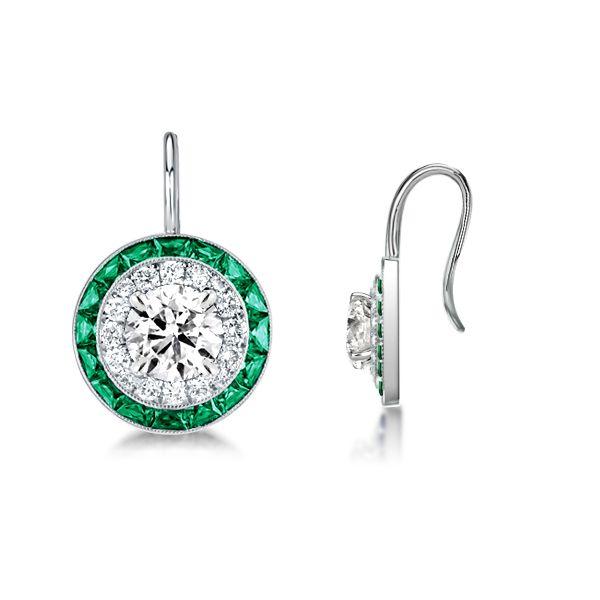 Emerald & White Halo Drop Earrings - Sterling Silver Green Dangle Earrings