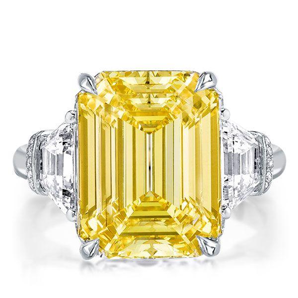 Emerald Cut Yellow Sapphire Three Stone Engagement Ring - Sterling Silver