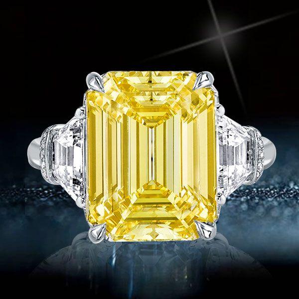 Emerald Cut Yellow Sapphire Three Stone Engagement Ring - Sterling Silver