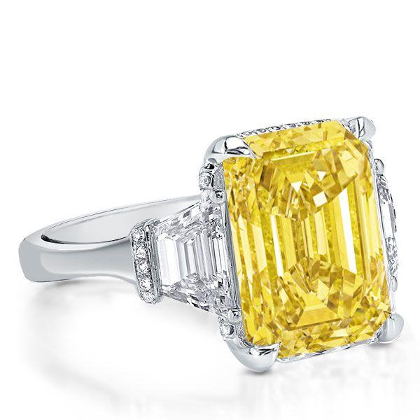 Emerald Cut Yellow Sapphire Three Stone Engagement Ring - Sterling Silver