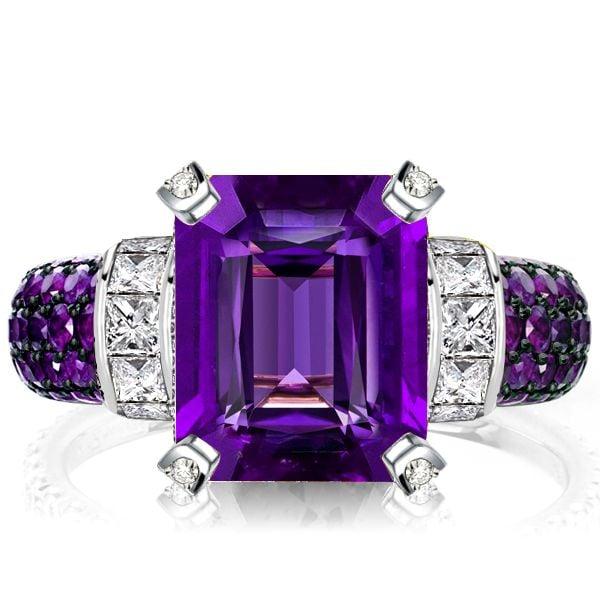 925 Sterling Silver Emerald Cut Amethyst Engagement Ring for Women