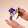 925 Sterling Silver Emerald Cut Amethyst Engagement Ring for Women