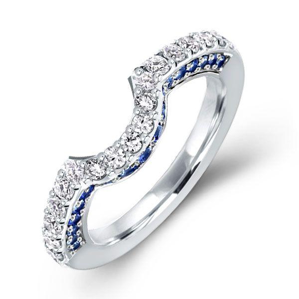 Curved Sterling Silver Blue & White Created Sapphire Wedding Band