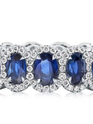 Sapphire Halo Wedding Band - Sterling Silver Anniversary Ring
