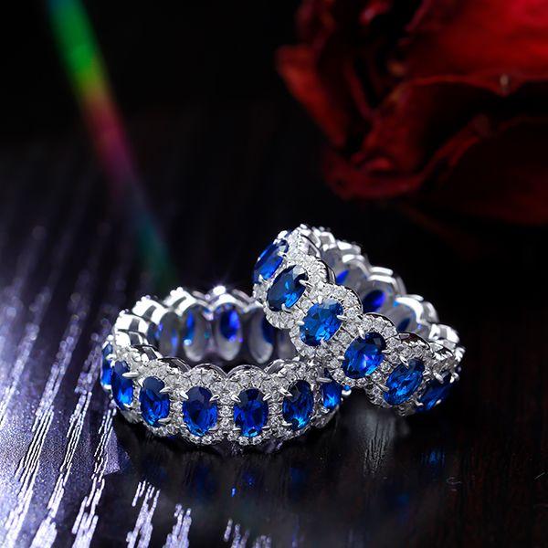 Sapphire Halo Wedding Band - Sterling Silver Anniversary Ring