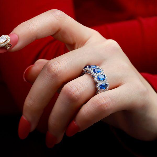 Sapphire Halo Wedding Band - Sterling Silver Anniversary Ring
