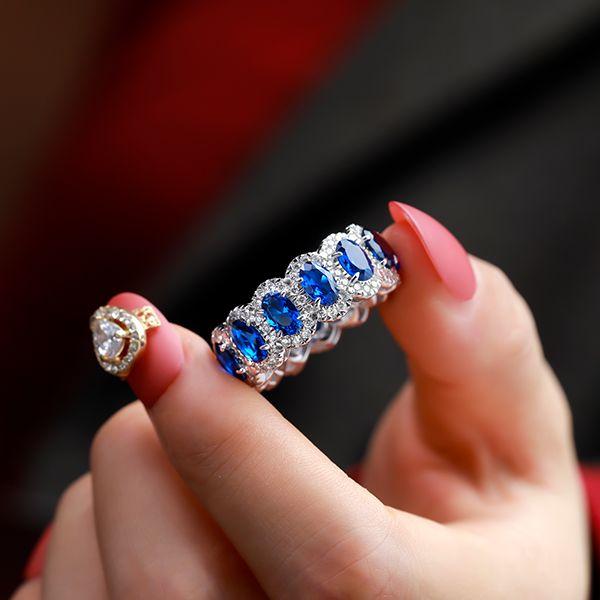 Sapphire Halo Wedding Band - Sterling Silver Anniversary Ring