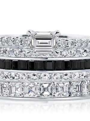 Stackable Black Stone Band Set in 925 Sterling Silver with Emerald, Asscher, and Baguette Cuts