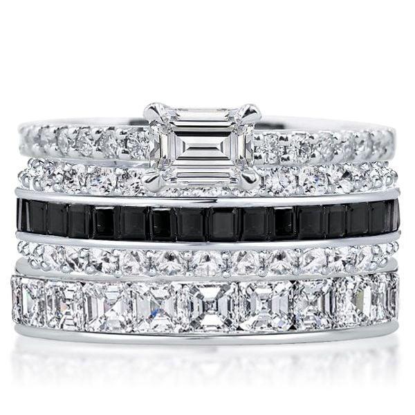 Stackable Black Stone Band Set in 925 Sterling Silver with Emerald, Asscher, and Baguette Cuts