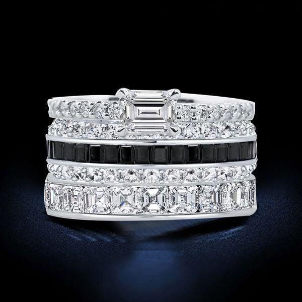Stackable Black Stone Band Set in 925 Sterling Silver with Emerald, Asscher, and Baguette Cuts