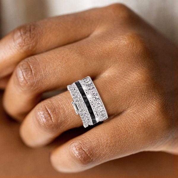 Stackable Black Stone Band Set in 925 Sterling Silver with Emerald, Asscher, and Baguette Cuts