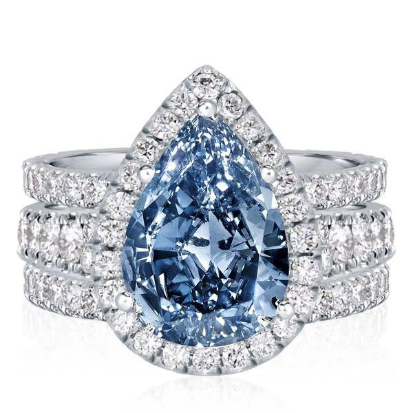 Halo Pear Cut Blue Topaz Engagement Ring Set - 925 Sterling Silver Bridal Set