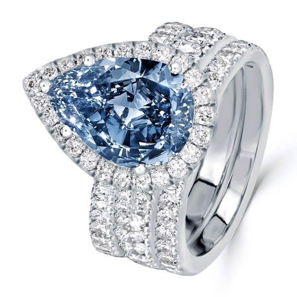 Halo Pear Cut Blue Topaz Engagement Ring Set - 925 Sterling Silver Bridal Set