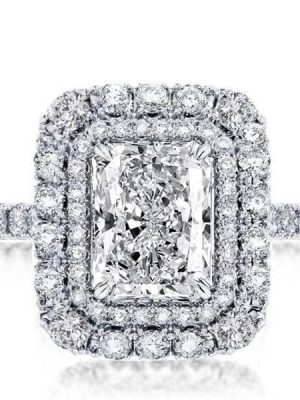 Radiant Double Halo Created White Sapphire Engagement Ring in Sterling Silver
