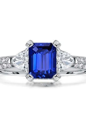 Emerald Cut Blue Sapphire 3 Stone Engagement Ring in Sterling Silver