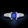 Emerald Cut Blue Sapphire 3 Stone Engagement Ring in Sterling Silver