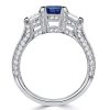 Emerald Cut Blue Sapphire 3 Stone Engagement Ring in Sterling Silver