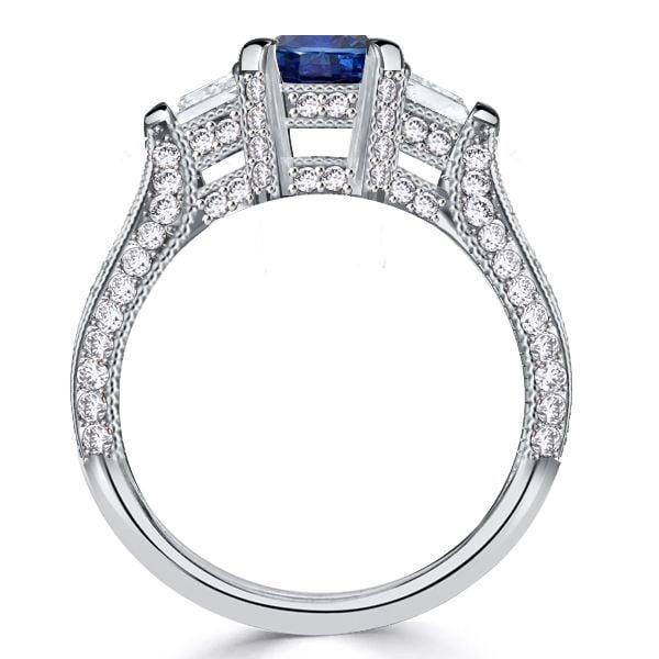 Emerald Cut Blue Sapphire 3 Stone Engagement Ring in Sterling Silver